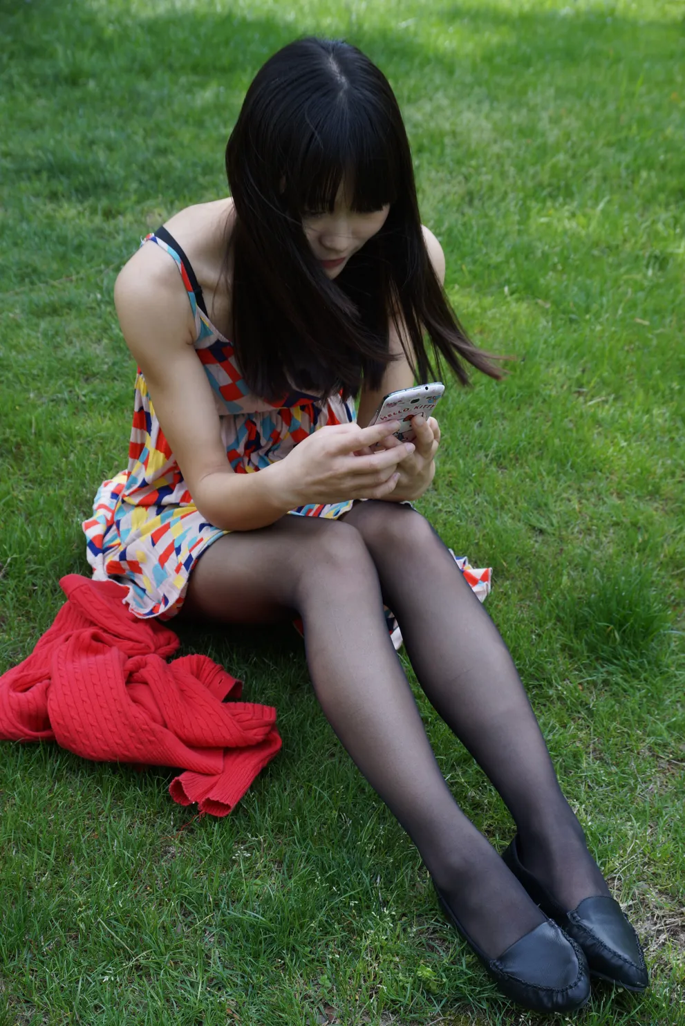 [Mzsock] NO.031 Long black silk on the grass street photography#[56P]-4